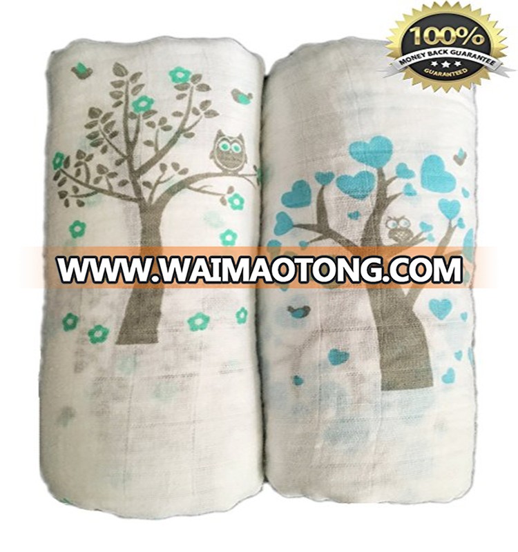 100% Cotton Organic Baby Muslin Swaddle Blanket 2 Pack - Seben Baby - Tree Bird and Owl - Unisex for Boys or Girls