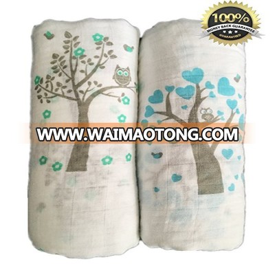 100% Cotton Organic Baby Muslin Swaddle Blanket 2 Pack - Seben Baby - Tree Bird and Owl - Unisex for Boys or Girls